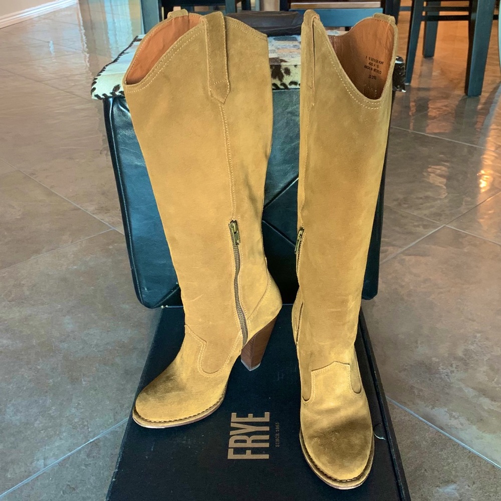 Frye Tan Suede Knee-High Heeled Boots - Picture 3 of 9